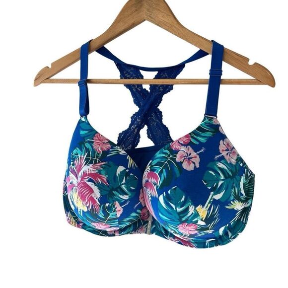 Cacique Boost Plunge Racerback Push-Up Bra blue floral print Size 38DDD - Picture 2 of 9